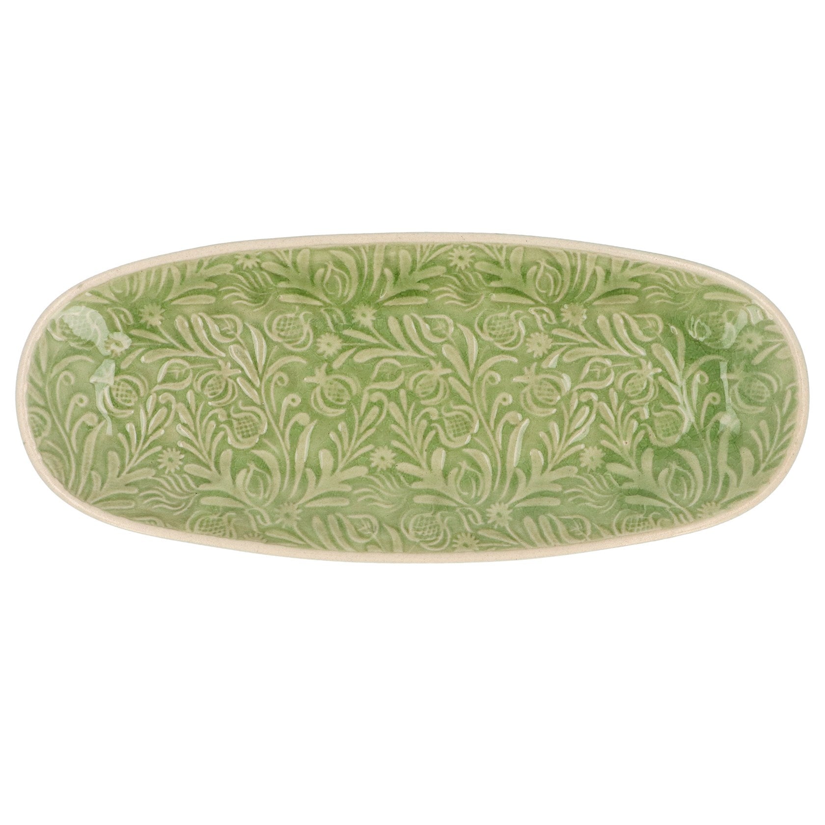 Country flowers green stoneware oval plate