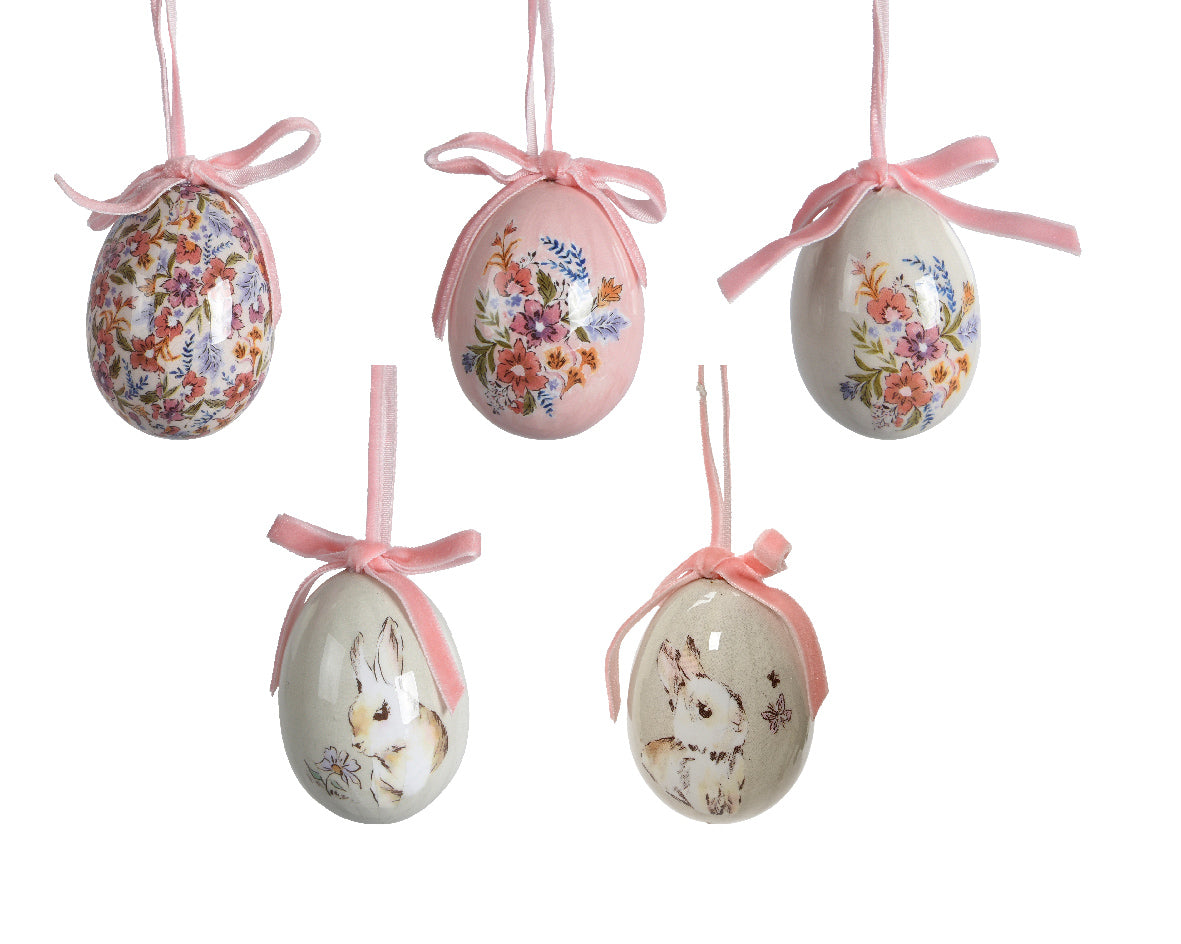 Shatterproof egg hanging dec with pink bow (5 styles)