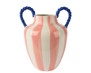 Pink & white stripe glossy vase with blue rope handle