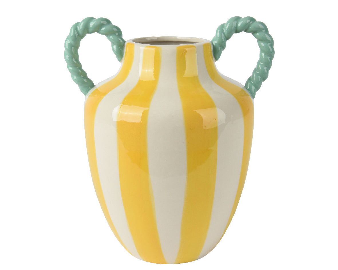 Yellow & white stripe glossy vase with green rope handle