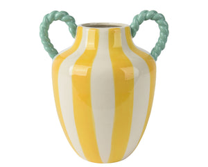 Yellow & white stripe glossy vase with green rope handle