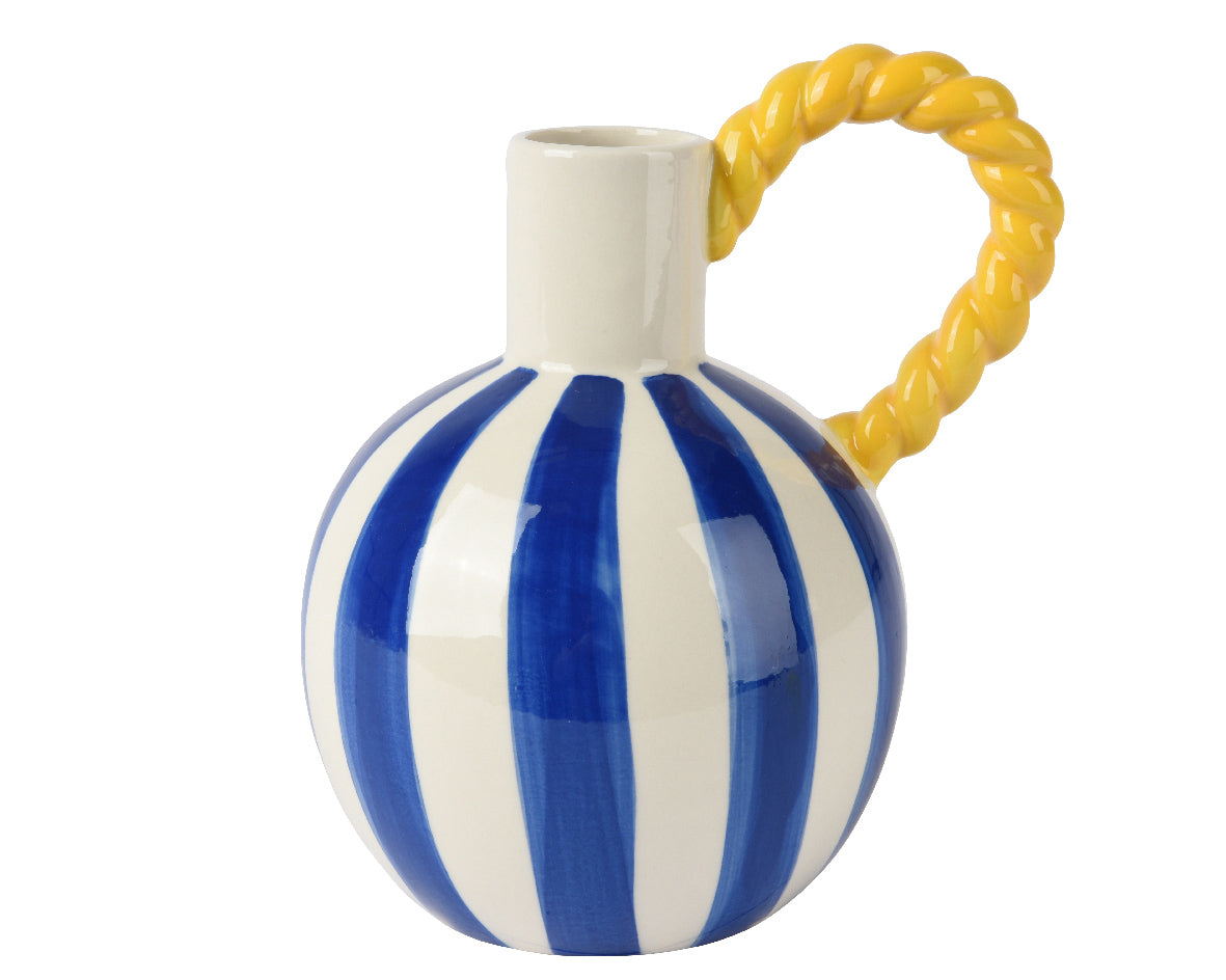 Blue & white stripe vase with yellow rope handle