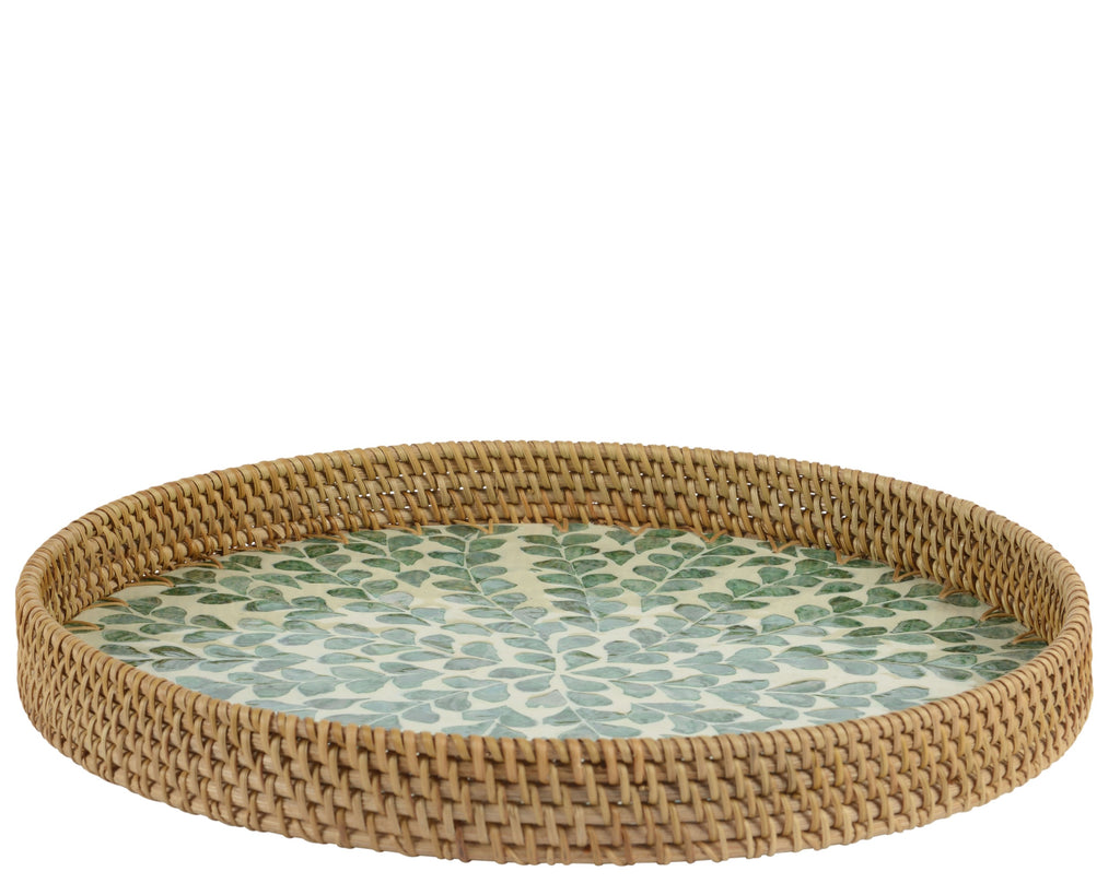 Round rattan tray with leaf pattern