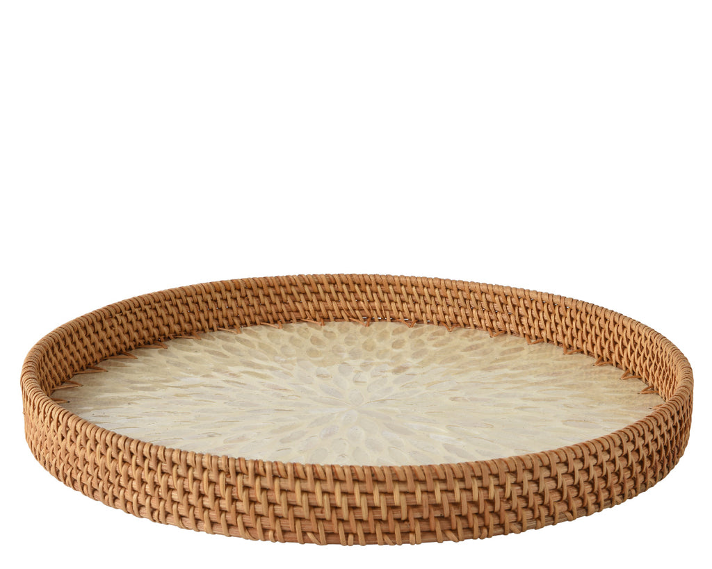 Round rattan tray with capiz detail