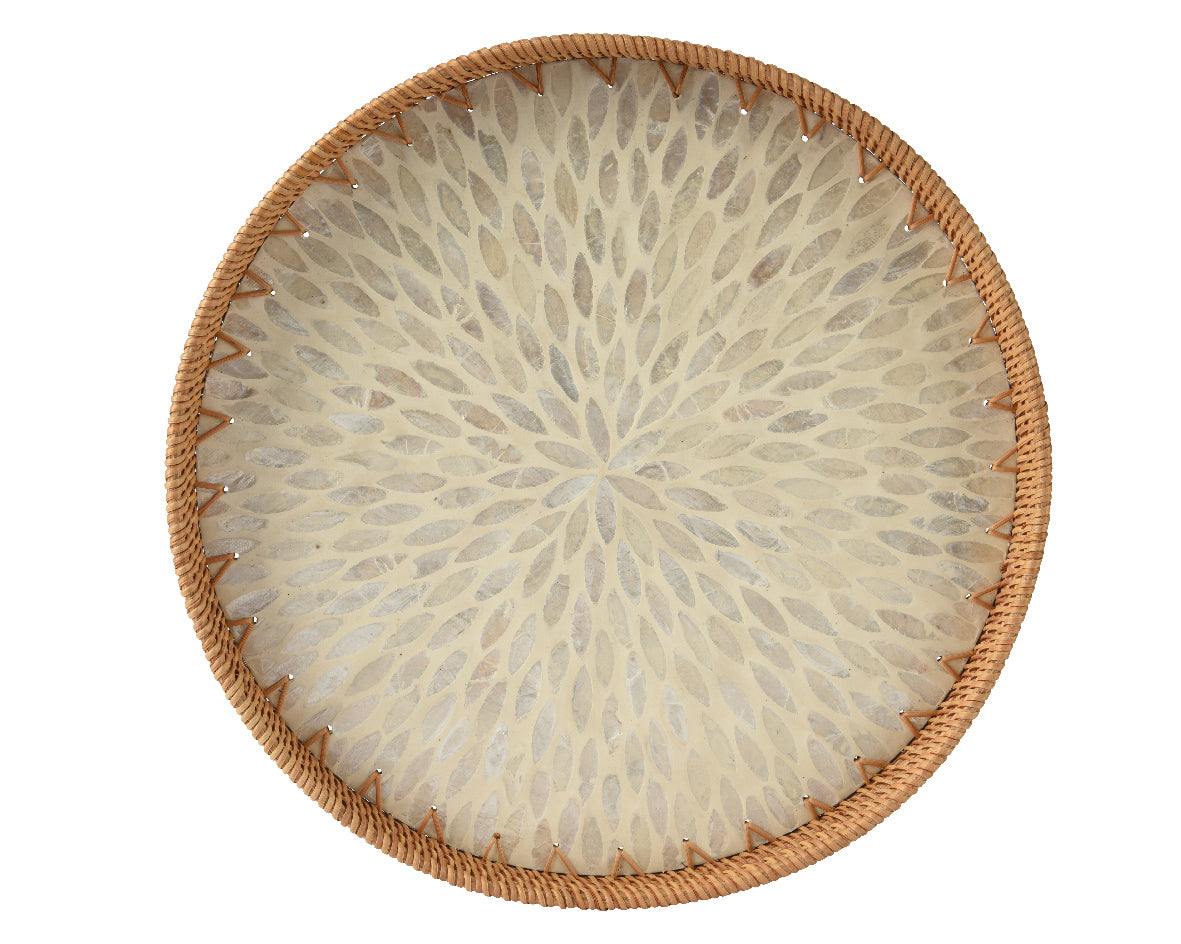 Round rattan tray with capiz detail