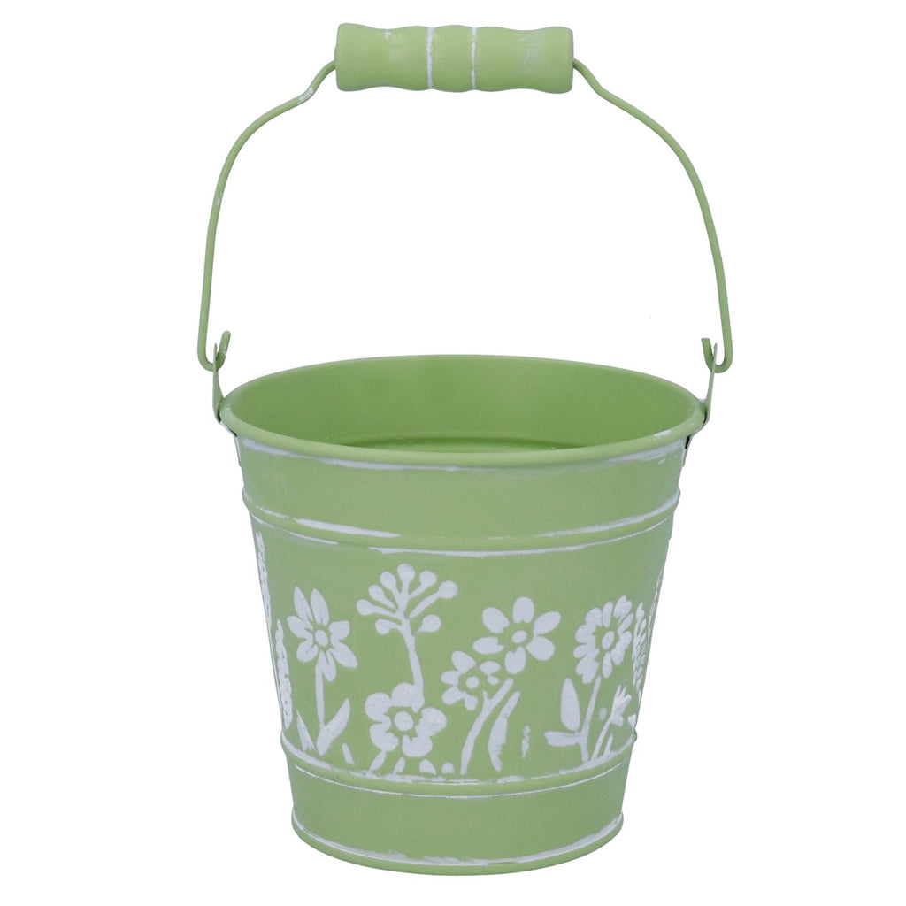 Floral embossed green metal bucket