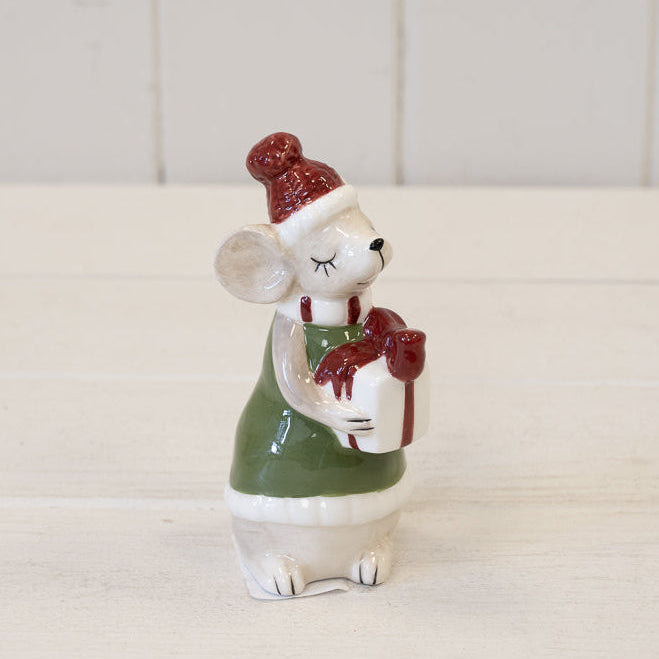 Ceramic mouse dressed in green with present
