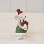 Ceramic mouse dressed in green with present