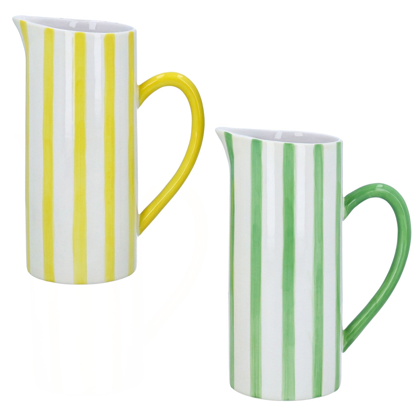 Yellow/green striped large ceramic pitcher