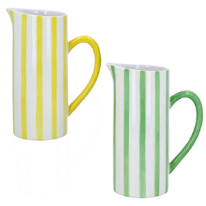 Yellow/green striped large ceramic pitcher