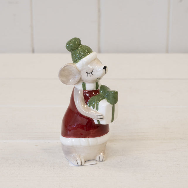 Ceramic mouse dressed in red with present