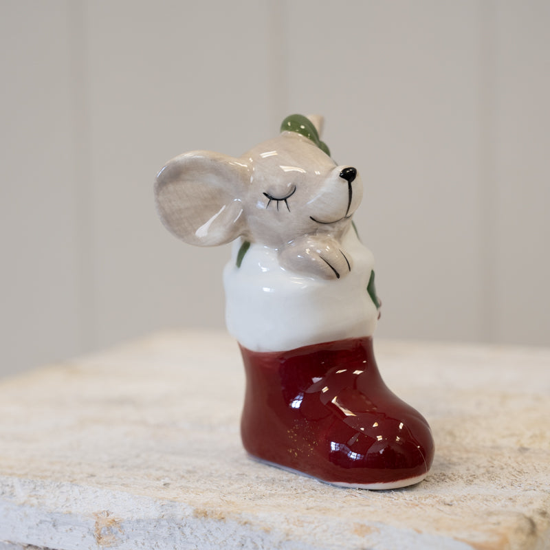 Ceramic mouse in red stocking