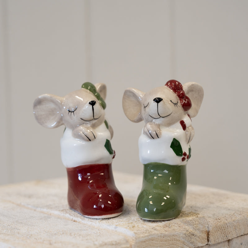 Ceramic mouse in green stocking