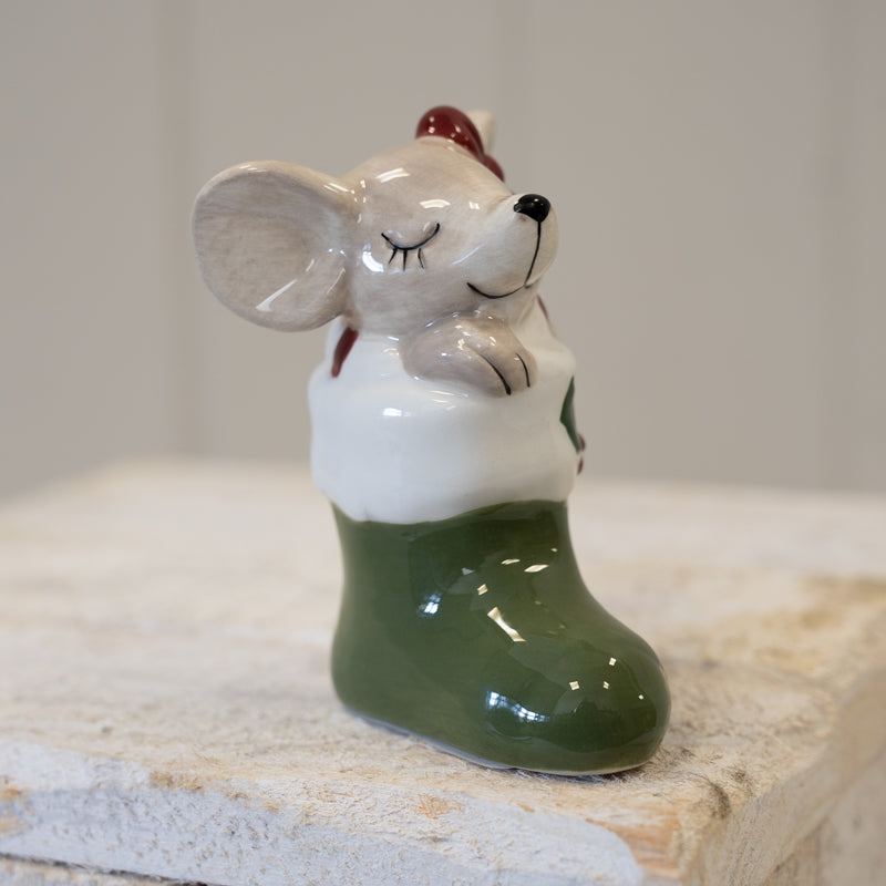 Ceramic mouse in green stocking