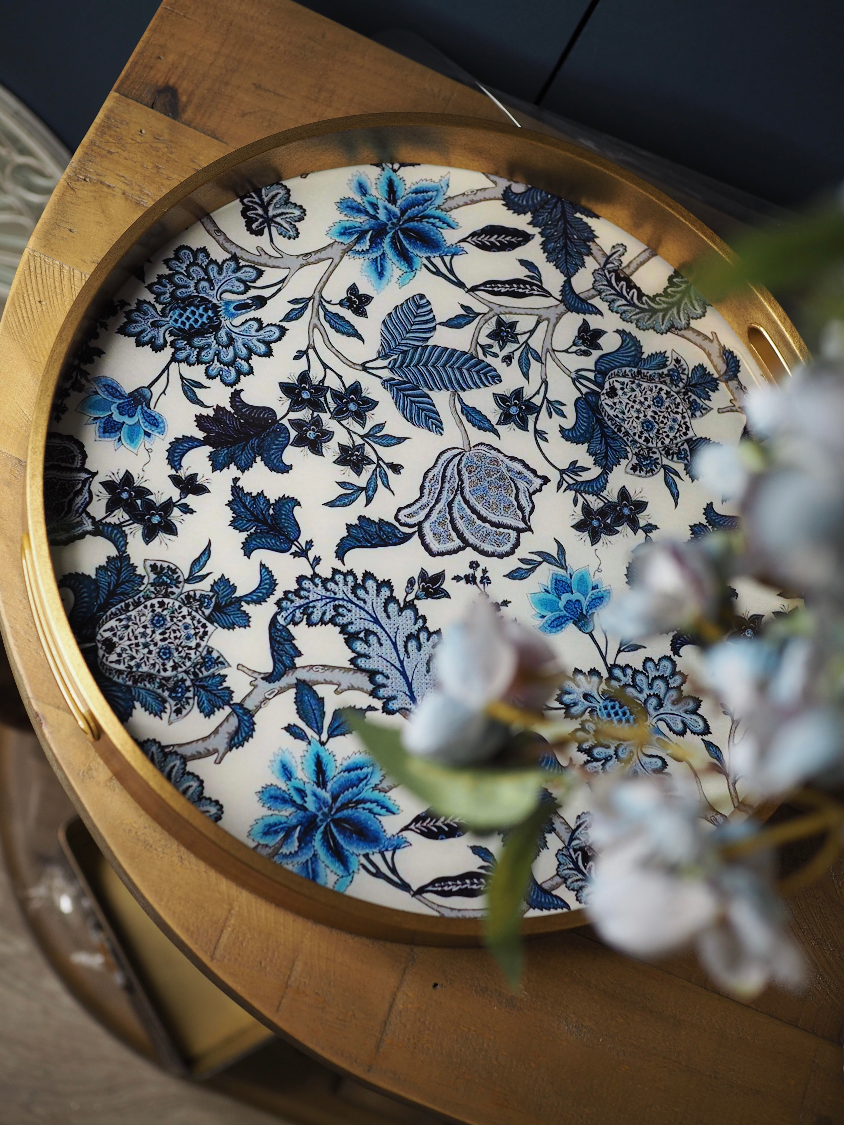 Blue and cream floral print tray with gold rim