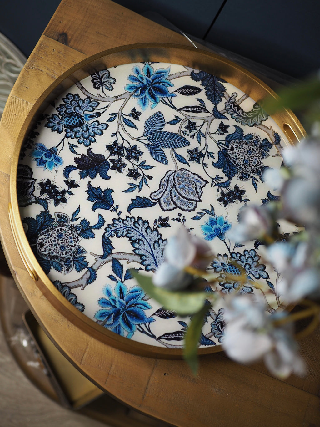 Blue and cream floral print tray with gold rim