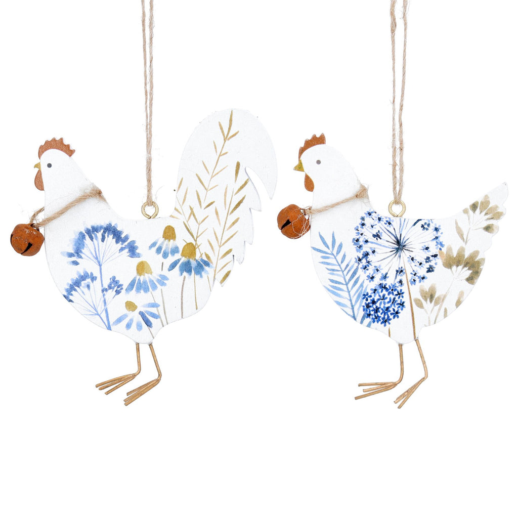 Blue meadow flat wood hen/rooster hanging dec