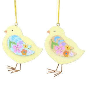 Wooden chick with floral wings hanging dec