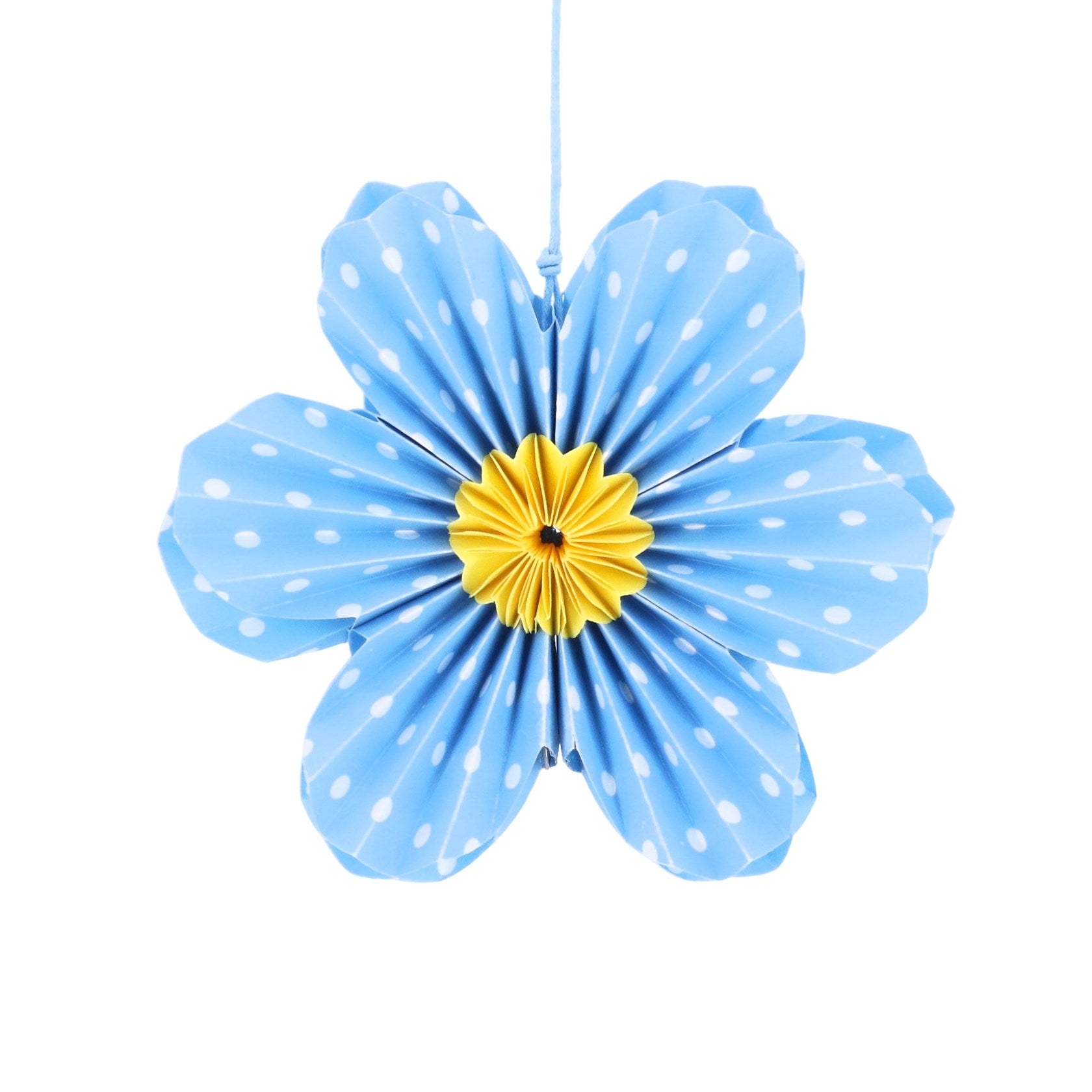 Blue polka dot paper flower hanging dec