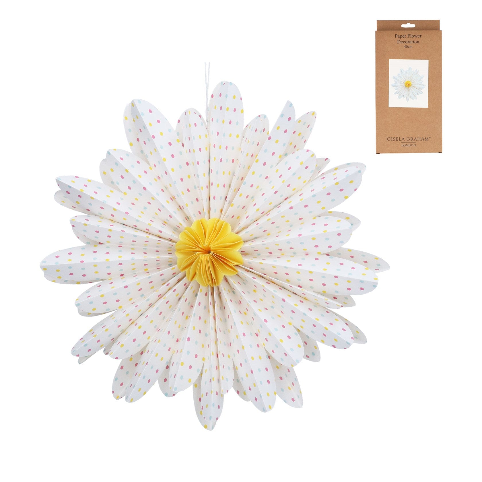 White polka dot paper flower hanging dec