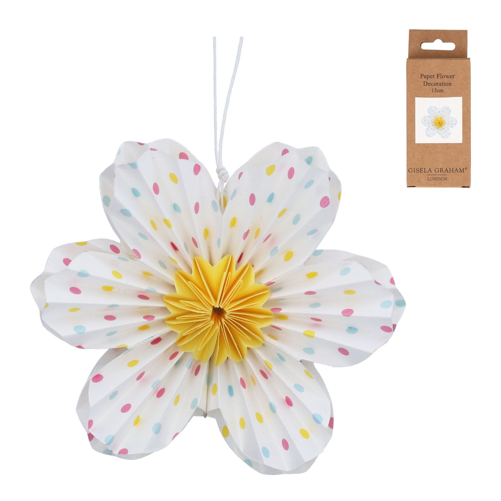 White polka dots paper flower hanging dec
