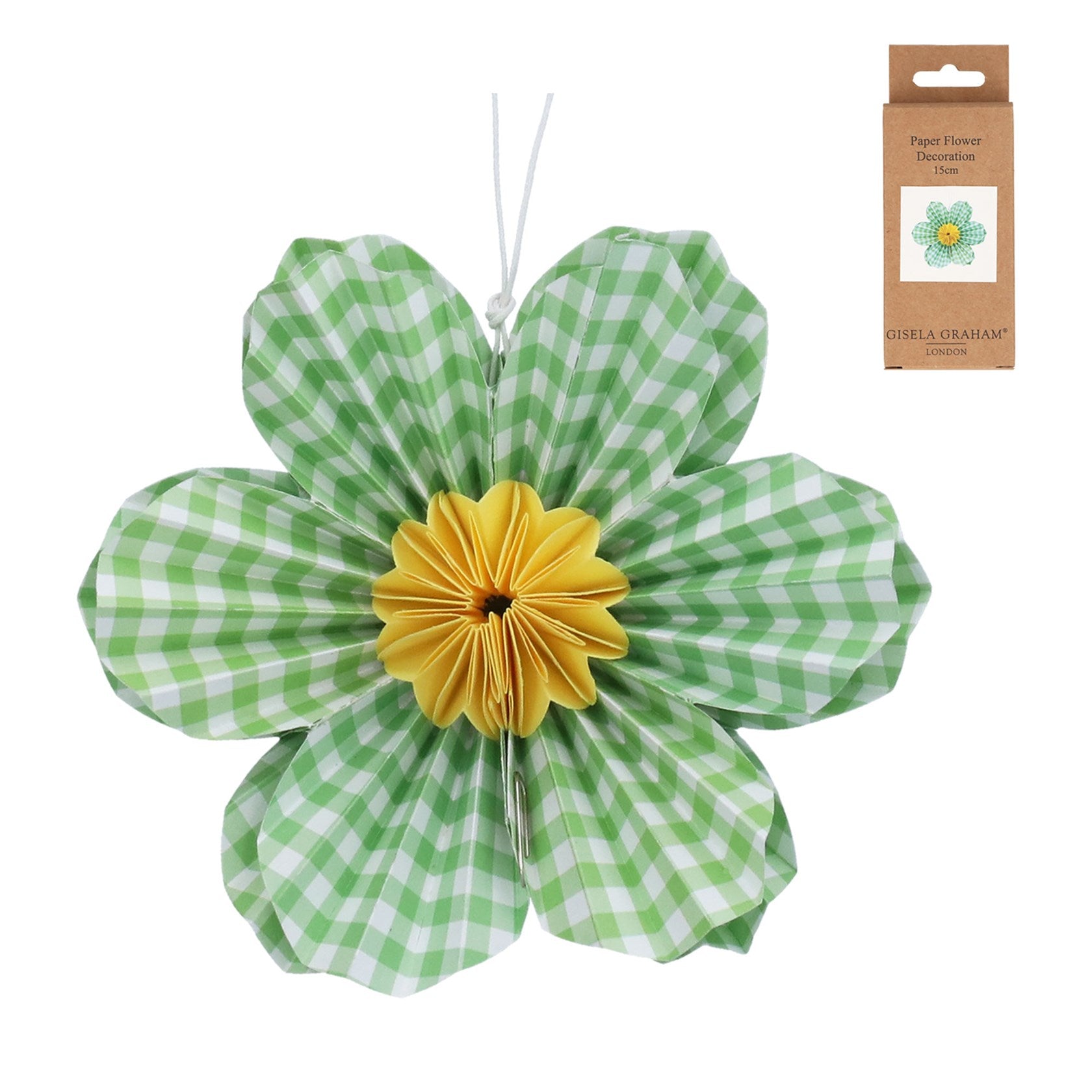 Green gingham paper flower hanging dec
