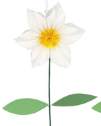 Two decorative flowers, one white with a yellow center and the other yellow with a white center, on a white background. There is also a cardboard packaging box with a flower design.