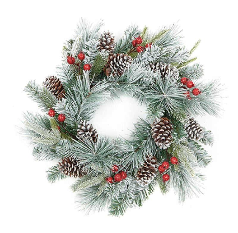 60cm Flocked wreath with berries and cones