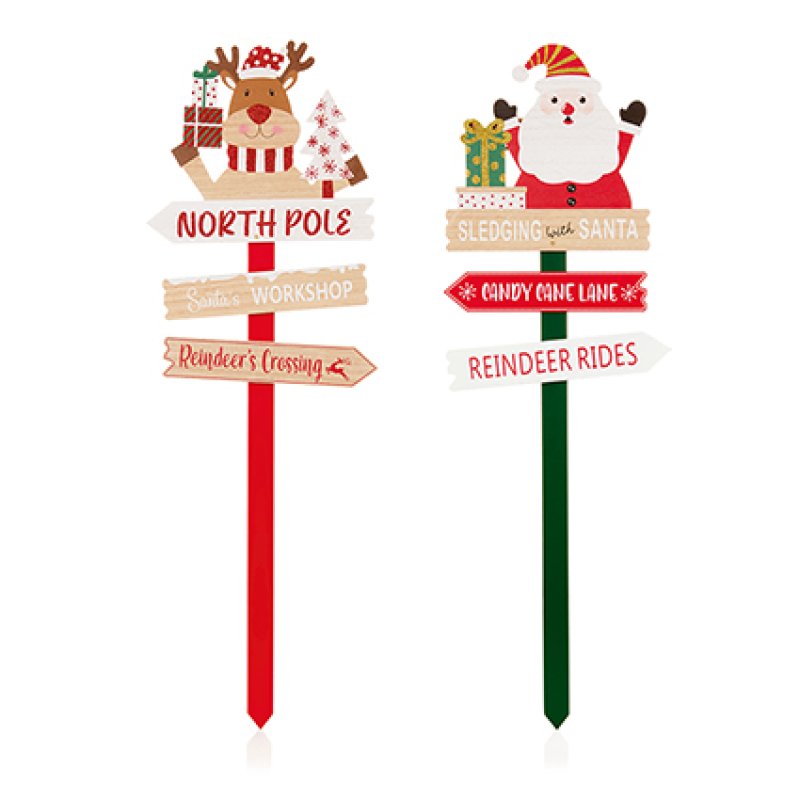 90cm Christmas character wooden signpost garden stake -  2 ass
