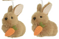 Set of hanging rabbit ornaments with carrots on a white background