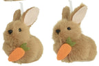 Set of hanging rabbit ornaments with carrots on a white background