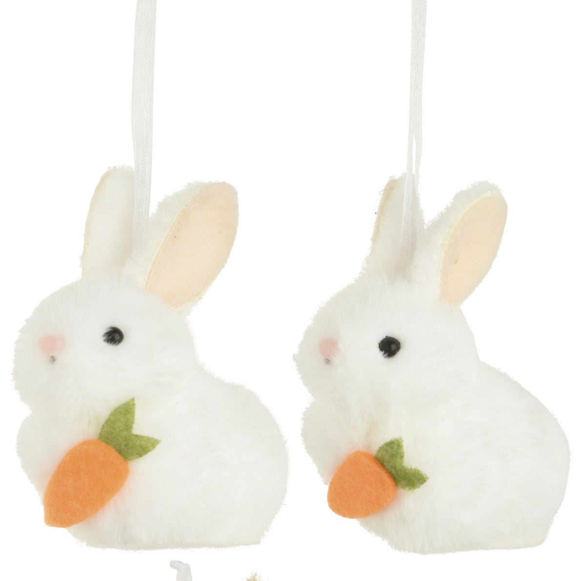 Set of hanging rabbit ornaments with carrots on a white background
