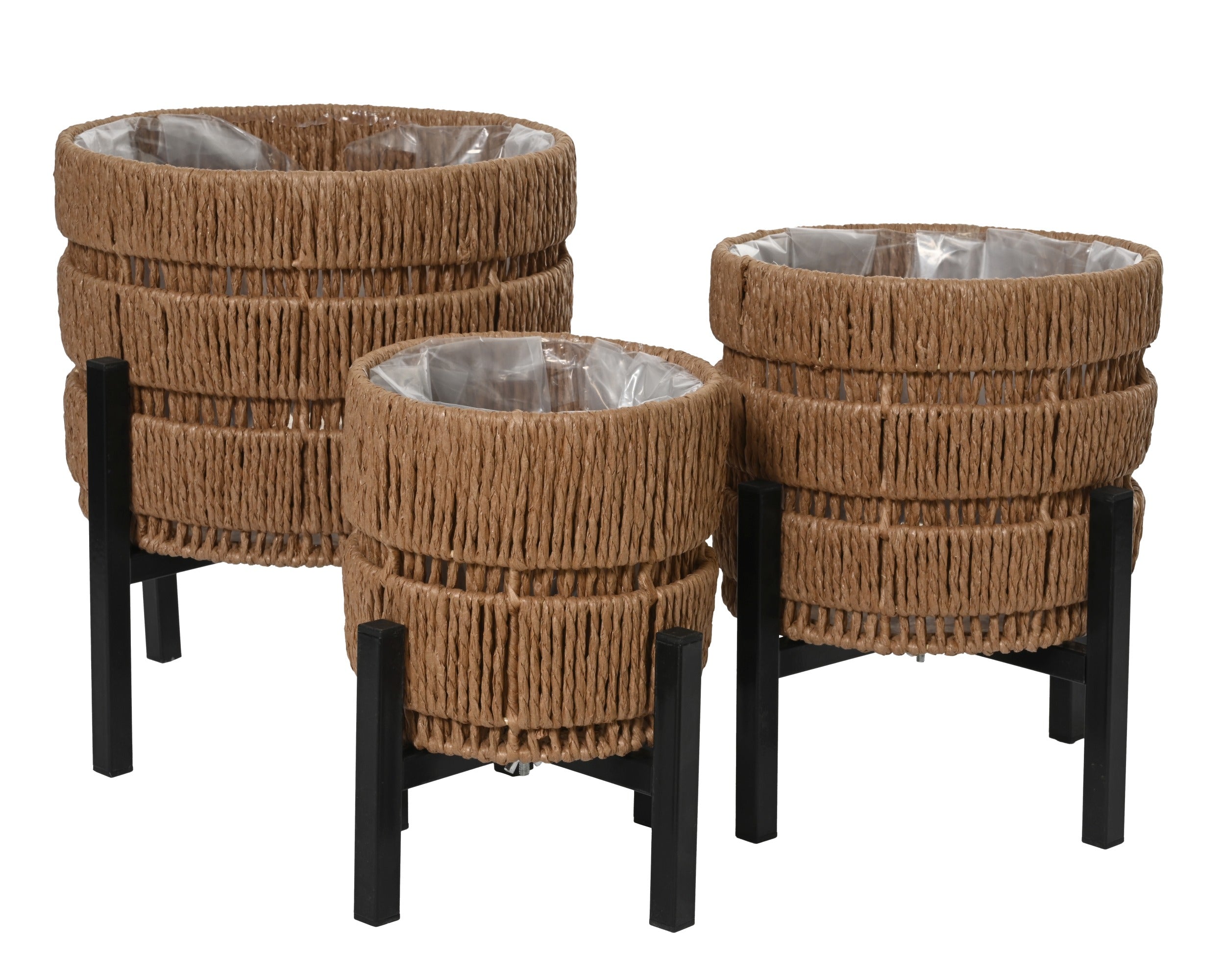 Light brown paper rope planter with metal base