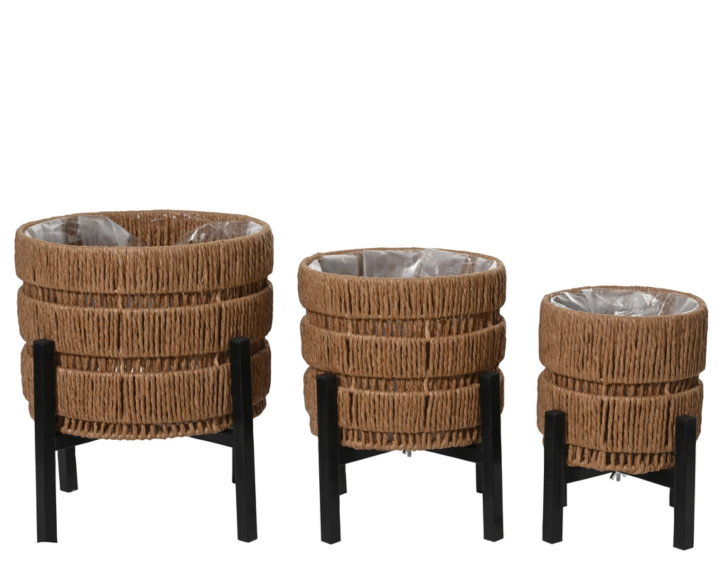 Light brown paper rope planter with metal base