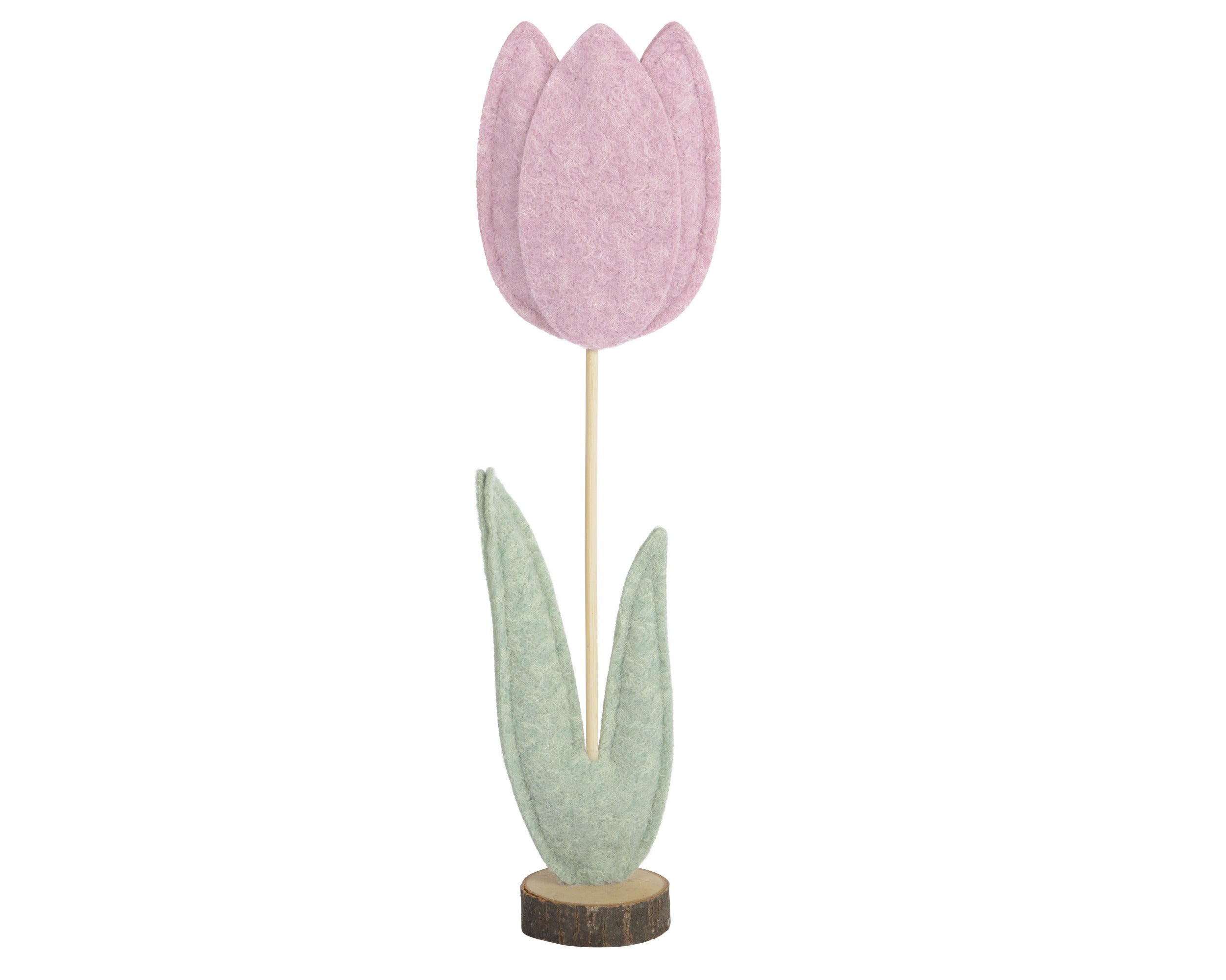 Pink wool tulip on wooden base (43cmH)