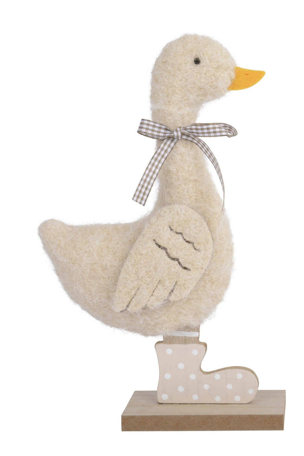 Two decorative ducks with polka dot boots on a white background