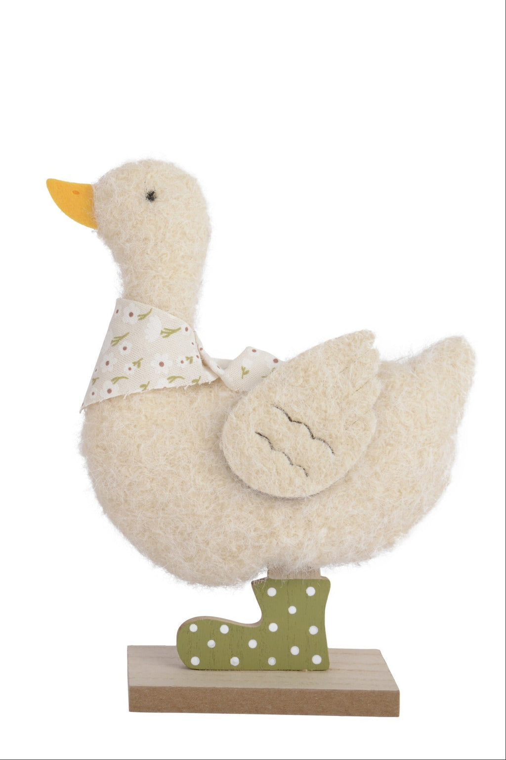 Two decorative ducks with polka dot boots on a white background