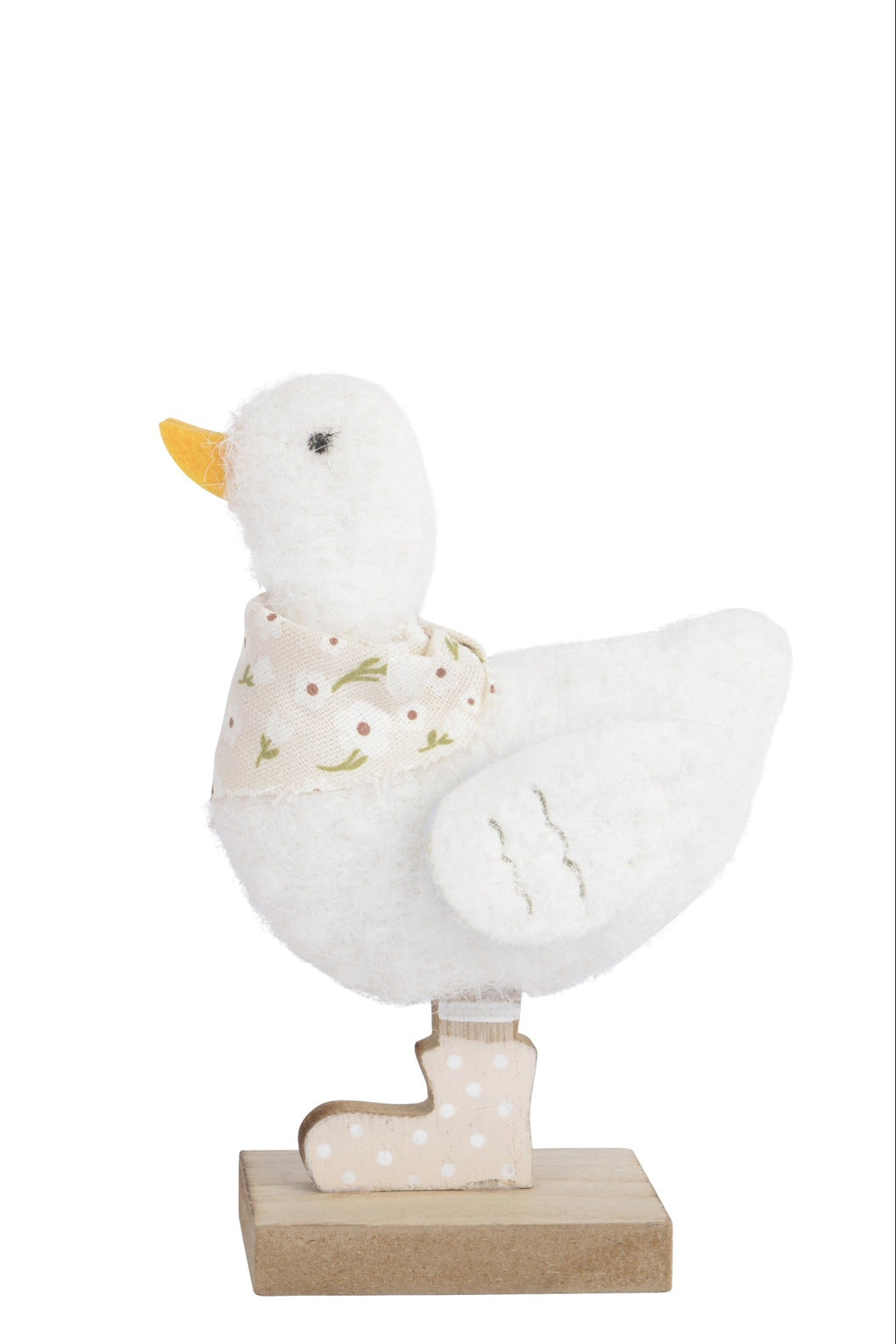 Two decorative duck figurines on stands with a white background