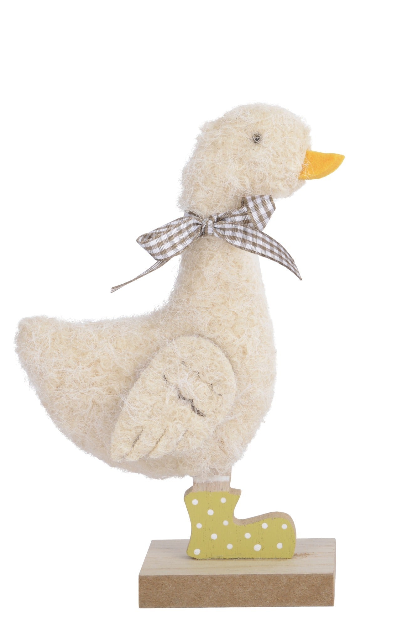 Two decorative duck figurines on stands with a white background