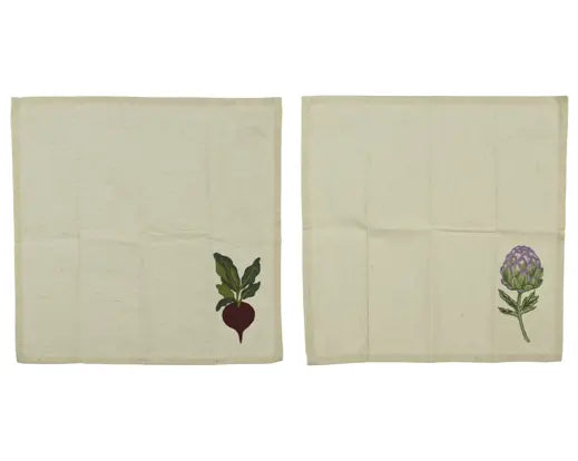 Set of 2 Napkins with radish and artichoke embroidery