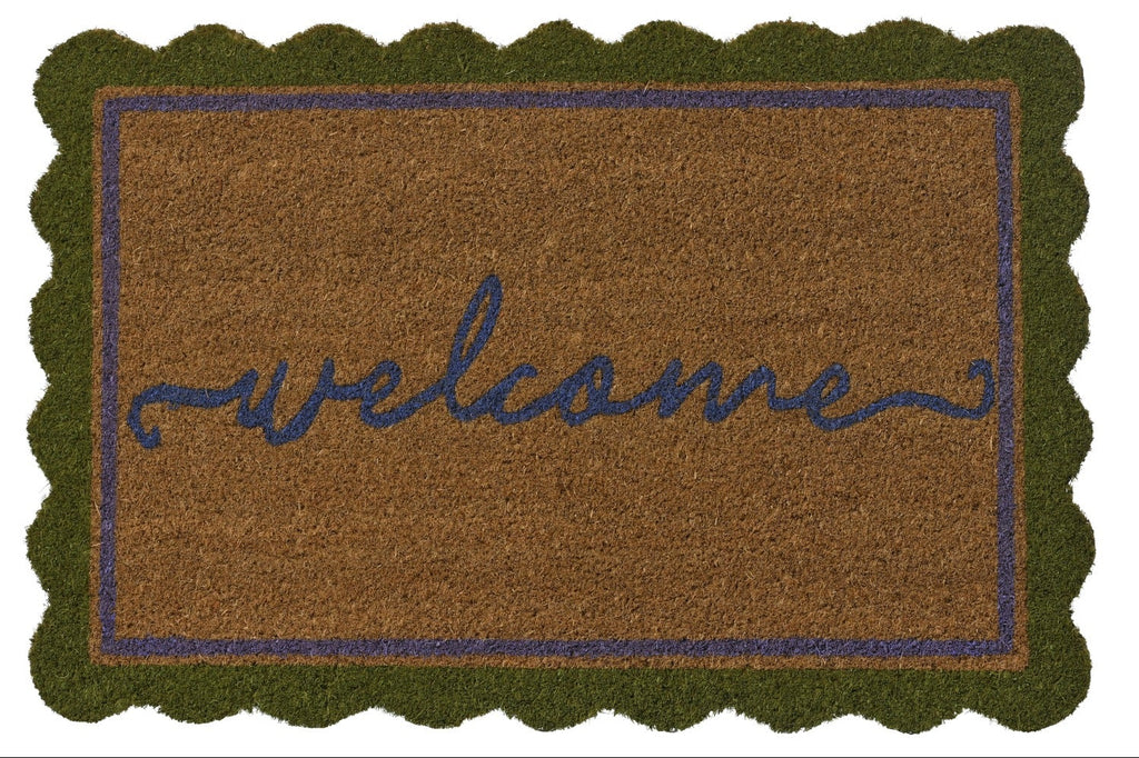 Two welcome mats with scalloped edges on a white background