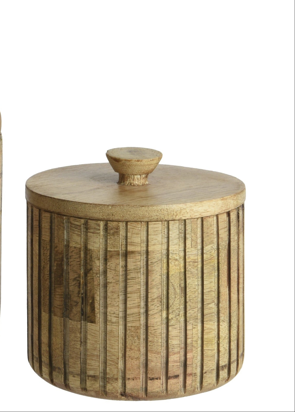 Two wooden storage jars with lids on a white background