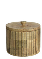 Two wooden storage jars with lids on a white background