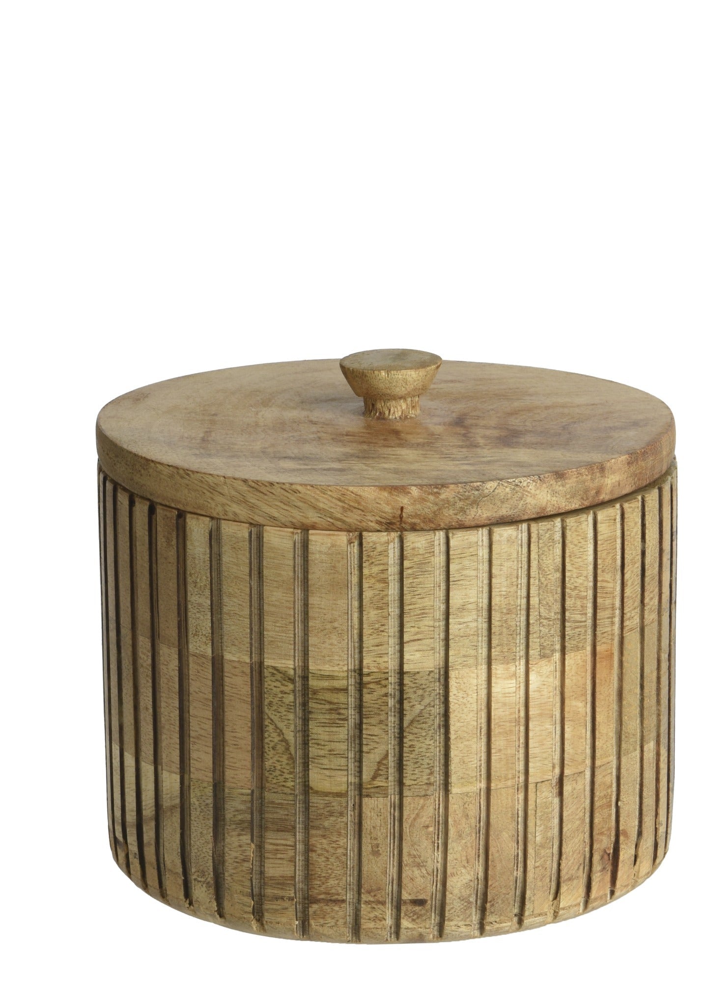 Two wooden storage jars with lids on a white background