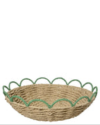 Two woven baskets with decorative rims, one green and one yellow, on a white background.