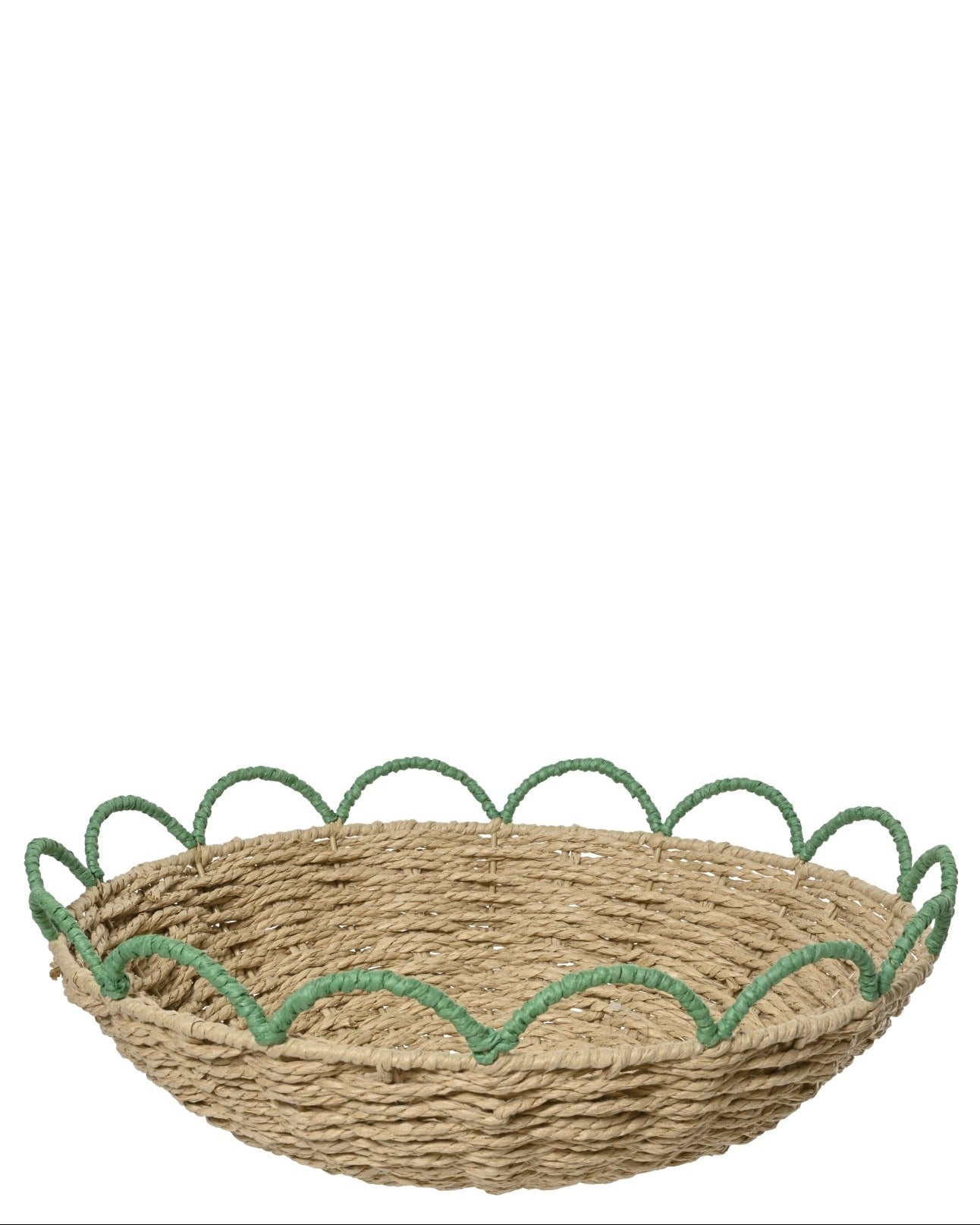 Two woven baskets with decorative rims, one green and one yellow, on a white background.