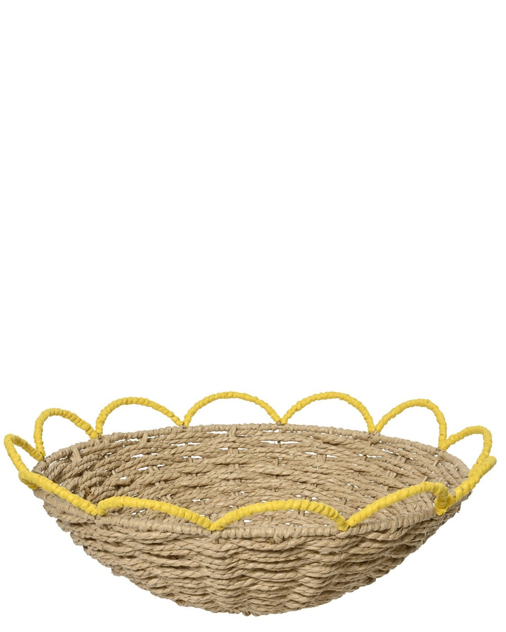 Two woven baskets with decorative rims, one green and one yellow, on a white background.