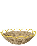 Two woven baskets with decorative rims, one green and one yellow, on a white background.