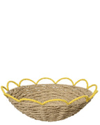 Two woven baskets with decorative rims, one green and one yellow, on a white background.
