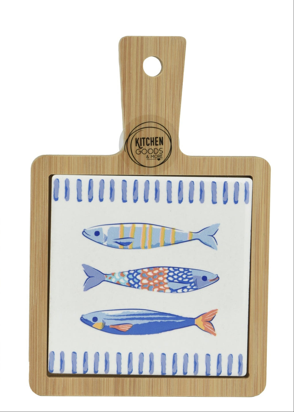 Two wooden cutting boards with fish patterns on a white background